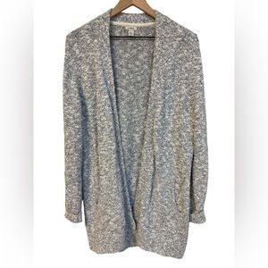 LL Bean Open Front Cardigan Sweater L Cream Blk Marl Knit Pockets Cotton 503637